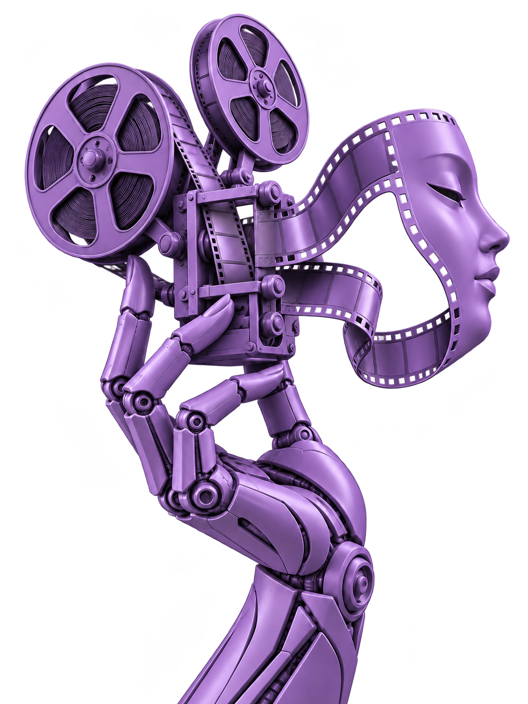 Escultura violeta de una mano mecánica, bobinas de cine y película que forma un rostro